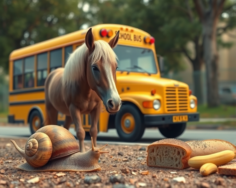 school bus, pony, snail, banana, bread